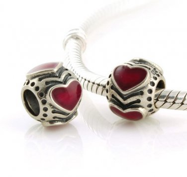 925 Sterling Silver Red Boudoir Enamel Heart Charm - fits European Beads Bracelets