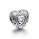 Sterling Silver Antique Carving Heart Pink CZ Charm - fits European Beads Bracelets