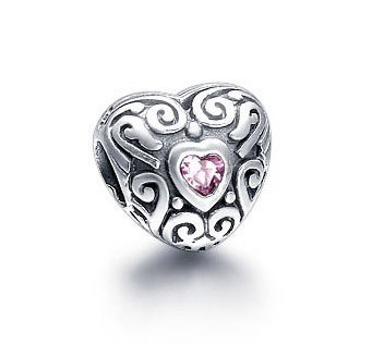 Sterling Silver Antique Carving Heart Pink CZ Charm - fits European Beads Bracelets
