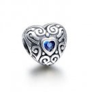 Sterling Silver Antique Carving Heart Blue CZ Charm - fits European Beads Bracelets