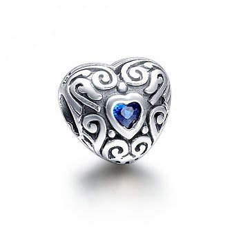 Sterling Silver Antique Carving Heart Blue CZ Charm - fits European Beads Bracelets