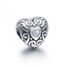 Sterling Silver Antique Carving Heart Clear CZ Charm - fits European Beads Bracelets