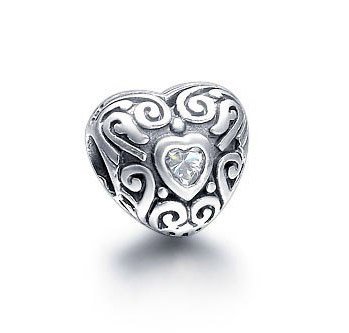 Sterling Silver Antique Carving Heart Clear CZ Charm - fits European Beads Bracelets
