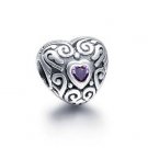 Sterling Silver Antique Carving Heart Purple CZ Charm - fits European Beads Bracelets