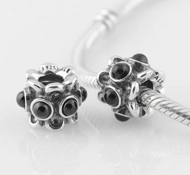 Sterling Silver Forget Me Not Black Onyx Charm - fits European Beads Bracelets