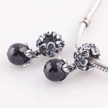 Sterling Silver Black Viola Bloom Spinel Dangle Charm - fits European Beads Bracelets