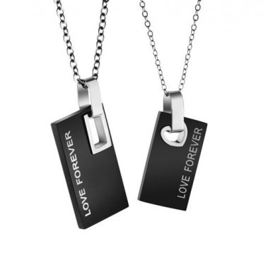 Titanium Stainless Steel " LOVE FOREVER" Black Hang Tag Couple Pendant Necklace Set