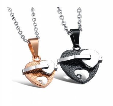 Titanium Stainless Steel Black/Rose Gold Heart to Heart Couple Pendant Necklace Lovers Gift Set