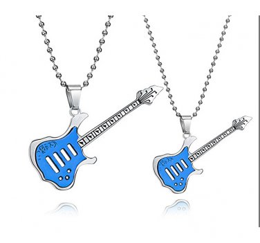 Titanium Stainless Steel Blue Rock Guitar Couple Music Pendant Necklace Set