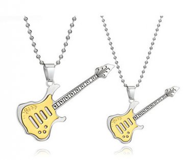 Titanium Stainless Steel Gold Rock Guitar Couple Music Pendant Necklace Set
