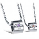 Titanium Stainless Steel Crystal Cross Cylinder Couple Pendant Necklace Set