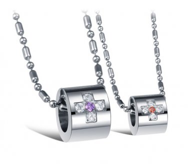Titanium Stainless Steel Crystal Cross Cylinder Couple Pendant Necklace Set
