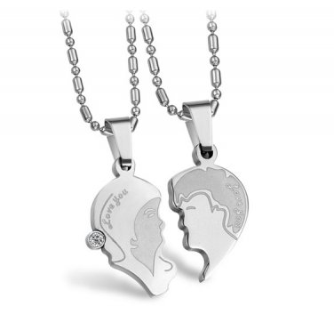 His & Hers Couple Stainless Steel Puzzle "Love You" Lover Pendant Necklace Set