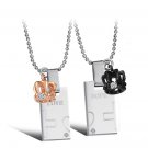 Titanium Stainless Steel "Love" "Hope" Dog Tag w/ Crown Couple Pendant Necklace Set