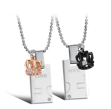 Titanium Stainless Steel "Love" "Hope" Dog Tag w/ Crown Couple Pendant Necklace Set