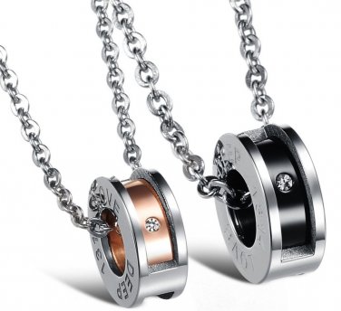 Titanium Stainless Steel "DEEP LOVE" Barrel Couple Pendant Necklace Set