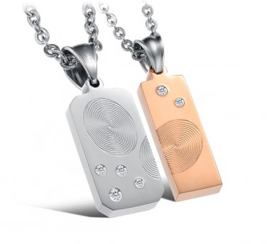 Titanium Stainless Steel Matching Set Fingerprint w/ CZ Couple Pendant Necklace Set