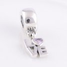 925 Sterling Silver LOVE Pink CZ Dangle Charm - fits European Beads Bracelets