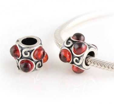 925 Sterling Silver Ruby Red Cabochon Crystal Charm - fits European Beads Bracelets