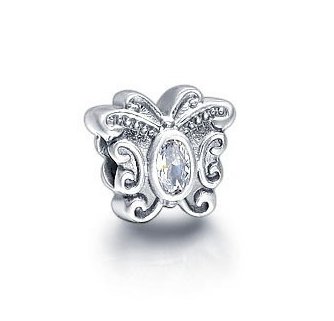 925 Sterling Silver Butterfly w/ Clear CZ Charm - fits European Beads Bracelets