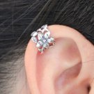 925 Antique Sterling Silver Flower Cartilage Ear Cuff Wrap Clip On Earrings