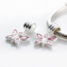 925 Silver Pink Crystal Butterfly Dangle Charm - fits European Beads Bracelets