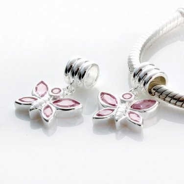 925 Silver Pink Crystal Butterfly Dangle Charm - fits European Beads Bracelets