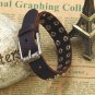 Mens Womens Genuine Leather w/ Double Layer Round Silver Rivet Accents Bangle Strap Adjustable 788