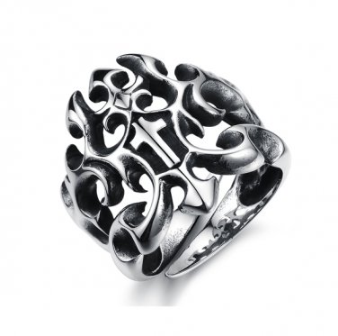 316L Stainless Steel Openwork Holy Cross Crown Mens Ring Band