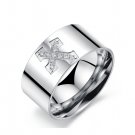 Titanium Stainless Steel Round Brilliant Cut CZ Silver Cross Mens Ring Band