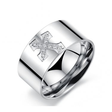Titanium Stainless Steel Round Brilliant Cut CZ Silver Cross Mens Ring Band