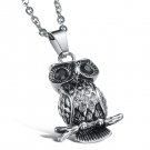Titanium Stainless Steel Mens Vintage 3D Owl Bird w/ Zirconia Pendant Charm Punk Cool Necklace