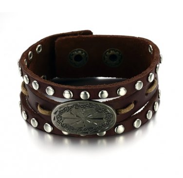 Mens Womens Brown Leather Oval Buckle Metal Rivet Snap Closure Punk Bracelet 774