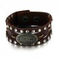 Mens Womens Brown Leather Oval Buckle Metal Rivet Snap Closure Punk Bracelet 774