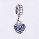 Sterling Silver Love Heart Blue Pave Pendant Charm - fits European Beads Bracelets