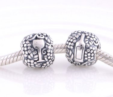 925 Sterling Silver Vino Wine & Grape Charm - fits European Beads Bracelets