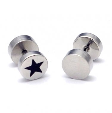 Pair Surgical Stainless Steel Black Enamel Star Barbell Fake Ear Plug Mens