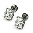 Pair Surgical Stainless Steel Rectangle Clear CZ Dragon Claw Mens Gothic Screw Back Earrings