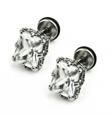 Pair Surgical Stainless Steel Rectangle Clear CZ Dragon Claw Mens Gothic Screw Back Earrings
