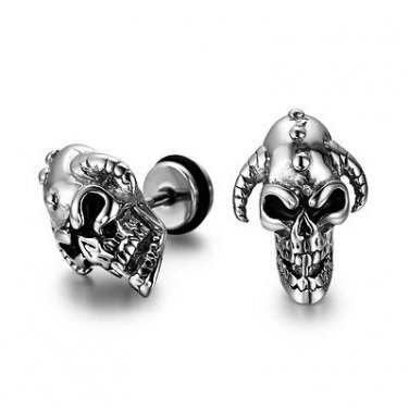 Pair Surgical Stainless Steel Skull Horned Demon Men's Anti-Allegic Stud Earrings Punk Goth