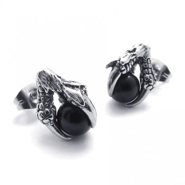 Pair Surgical Stainless Steel Eagle Dragon Claw w/ Black Crystal Men's Stud Earrings Punk Goth
