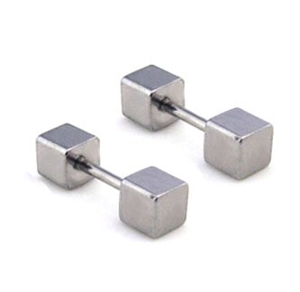 Pair Surgical Stainless Stainless Steel Silver 3D Square Cube Barbell Earrings Stud Mens/Lady's