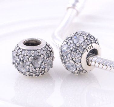 Silver Shimmering Heart Clear CZ Pave Ball Charm - fits European Beads Bracelets