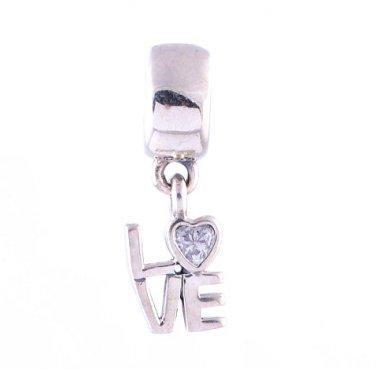 925 Sterling Silver LOVE Clear CZ Dangle Charm - fits European Beads Bracelets