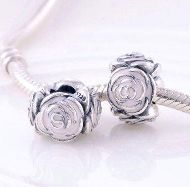 925 Sterling Silver Rose Garden Pink Enamel Charm - fits European Beads Bracelets