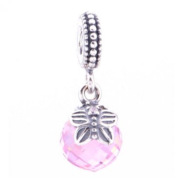 Sterling Silver Morning Butterfly Pink CZ Dangle Charm - fit European Beads Bracelets