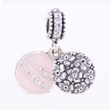 Sterling Silver Sweet Mother CZ / Pink Enamel Pendant - fits European Beads Bracelets