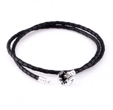 Double Black Woven Leather Bracelet w/ Sterling Silver Clasp fits European Beads Charms