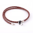 Double Brown Woven Leather Bracelet w/ Sterling Silver Clasp fits European Beads Charms