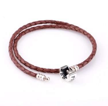 Double Brown Woven Leather Bracelet w/ Sterling Silver Clasp fits European Beads Charms